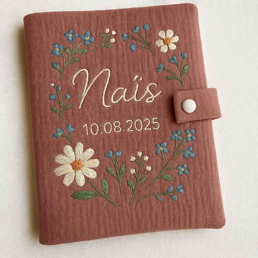 Carnet de santé personnalisé avec le prénom Naïs et sa date de naissance, réalisé en tissu vieux rose thème fleuri