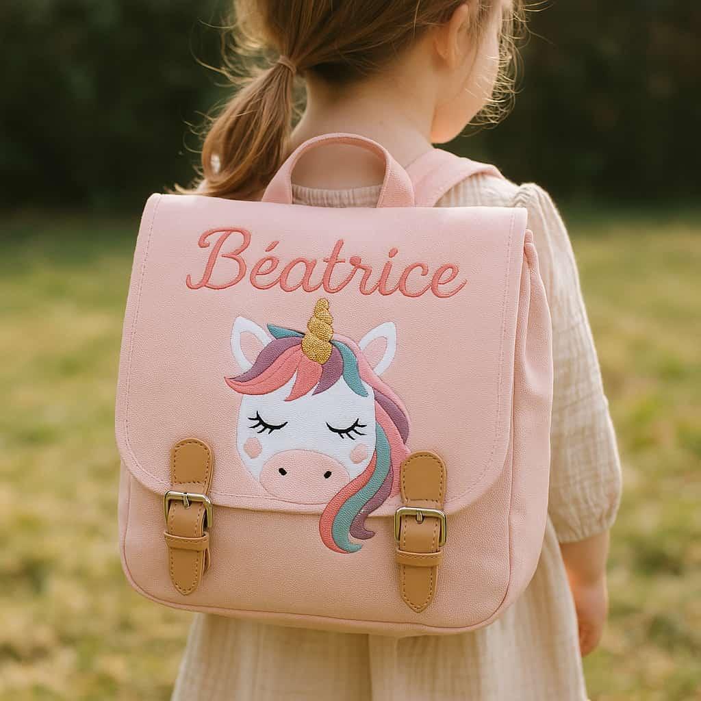 Cartable de petite fille personnalisee avec le prenom beatrice theme licorne