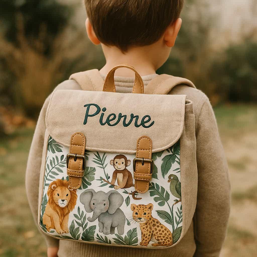 Cartable personnalise avec le prenom pierre theme jungle