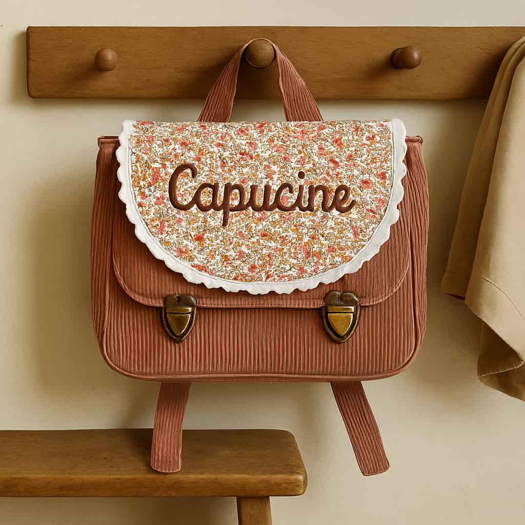 Cartable vintage pour enfant prénom Capucine accroché à un porte manteau à l'école