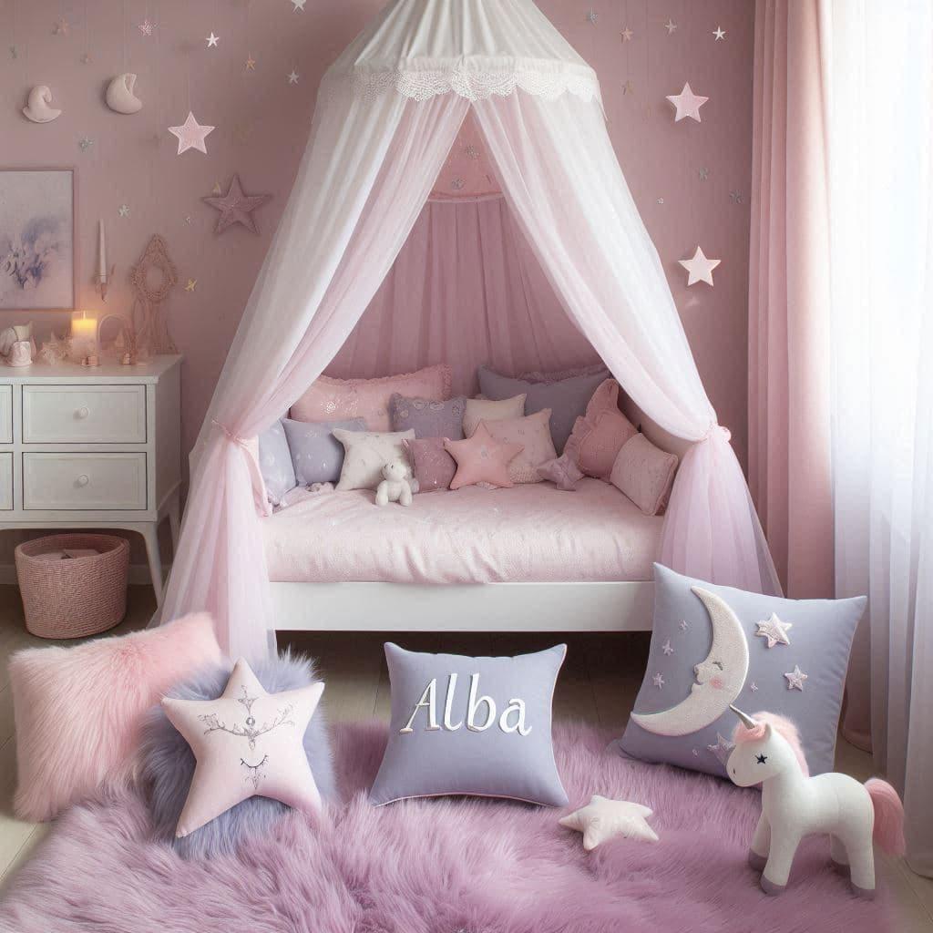 Chambre alba avec lit cabane blanc ciel de lit rose poudre tapis en fausse fourrure lilas