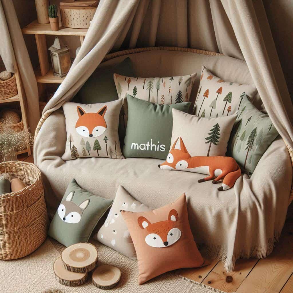 Chambre animaux de la foret petit coin canape avec coussin personnalise avec le prenom mathis