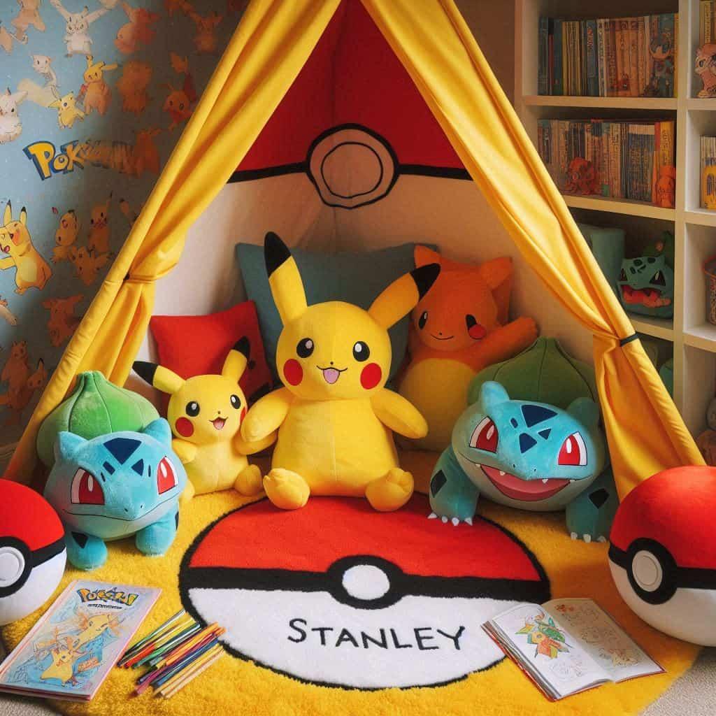Chambre avec coin lecture sur le theme de pokemon personnalise avec le prenom stanley