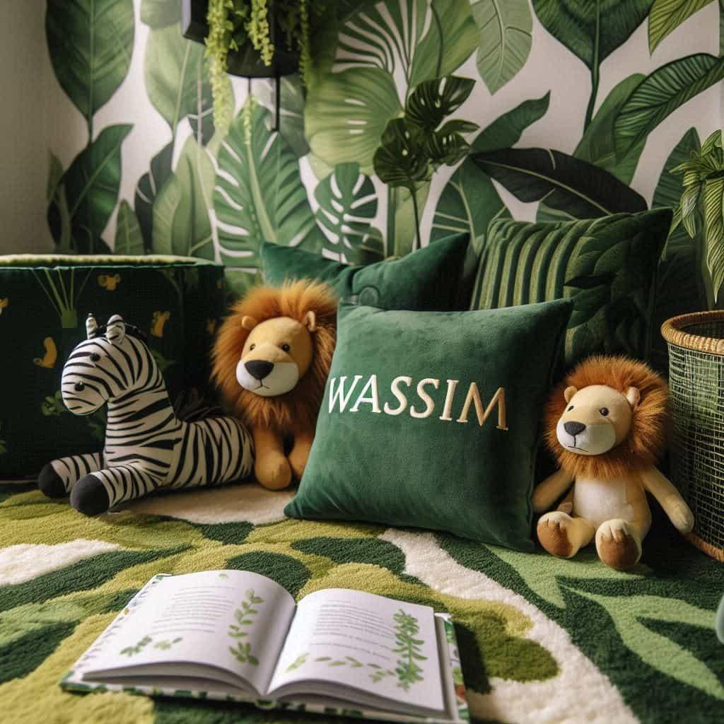 Chambre avec coin lecture theme jungle peluche animaux de la jungle personnalisee avec le prenom wassim