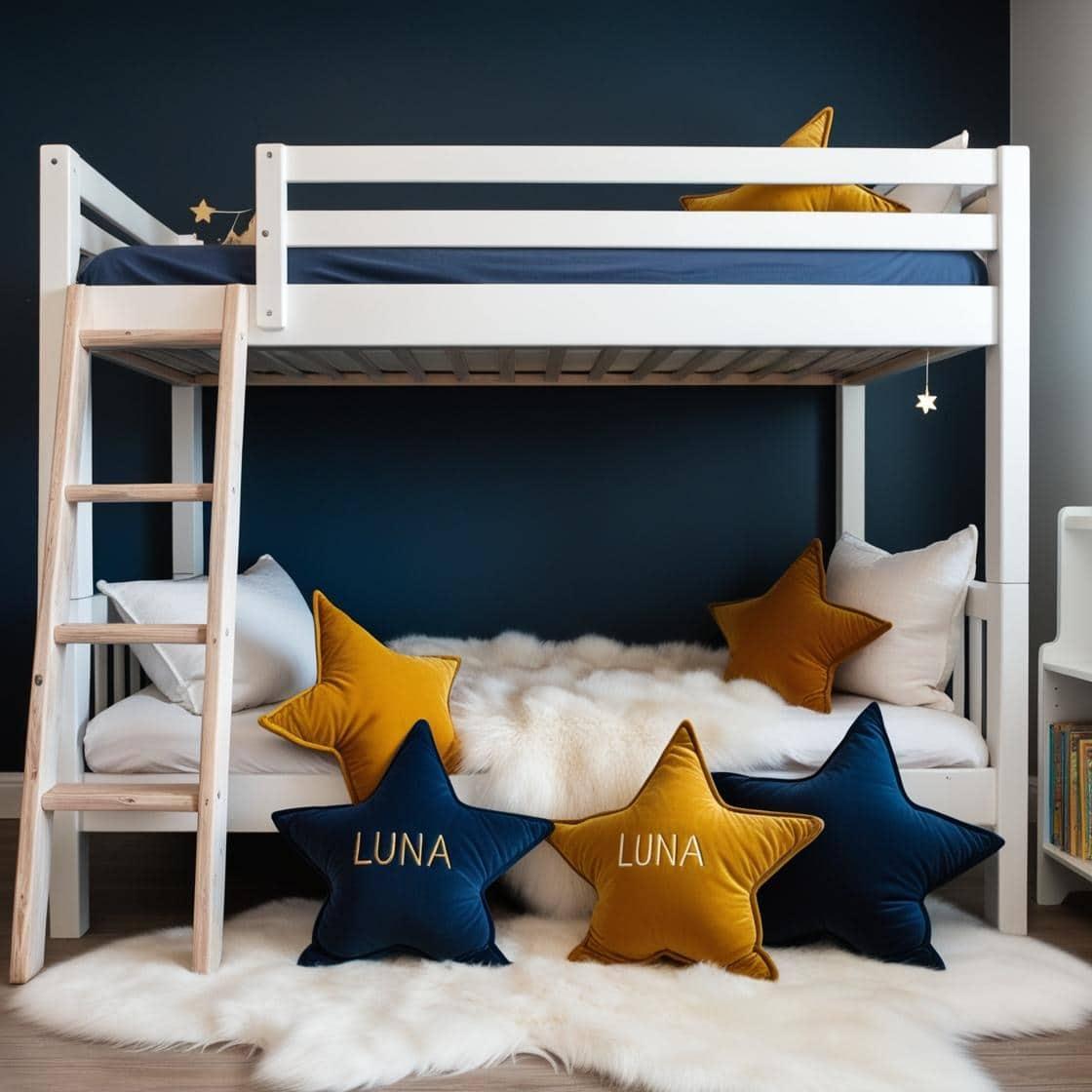 Chambre avec lit superpose coussin etoile avec prenom personnalise au nom de luna couleurs moutarde bleue nuit et blanc