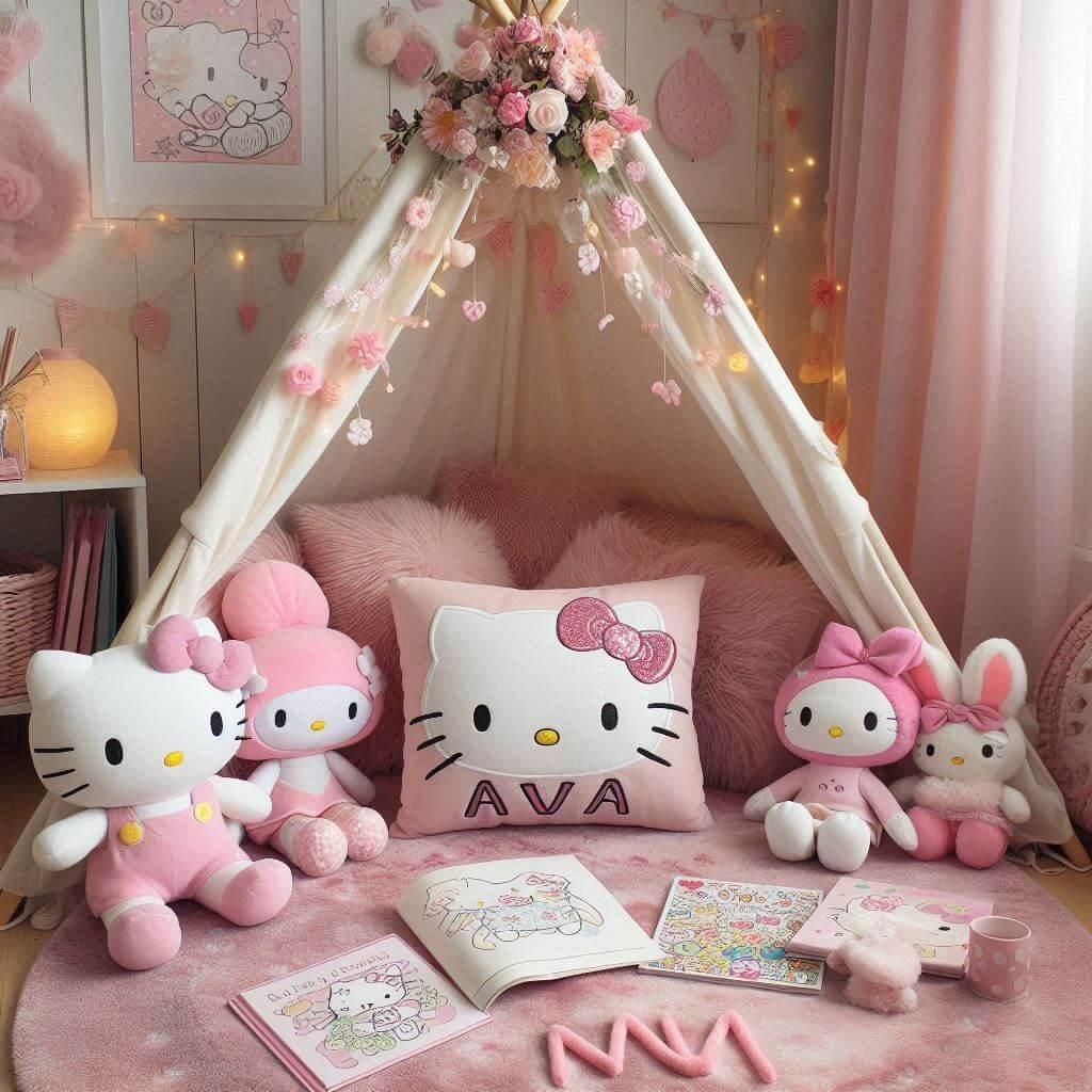 Chambre avec un coin lecture inspire de hello kitty avec des tons roses et blancs prenom ava 1