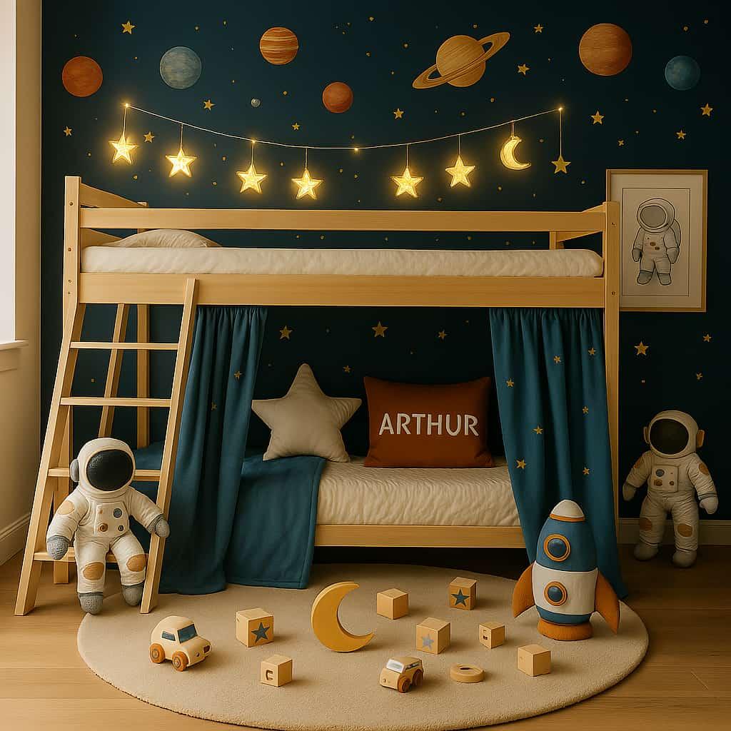 Chambre bebe theme astronaute avec lit mezzanine coussin brode arthur decor etoiles et planetes guirlande lumineuse etoiles et lunes jouets au sol ambiance lumineuse