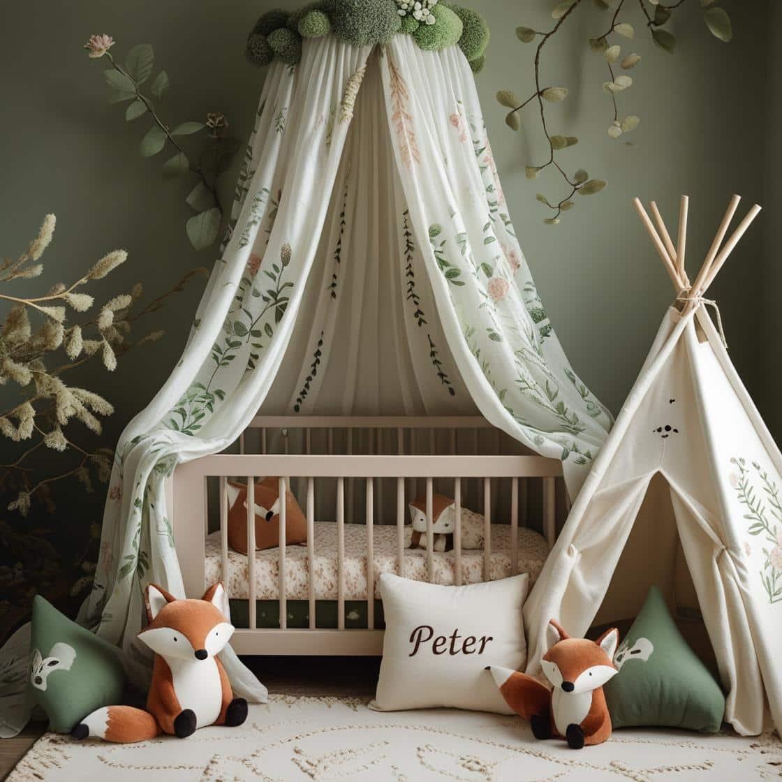 Chambre bebe theme printemps avec coussins renards berceau bois naturel et prenom peter