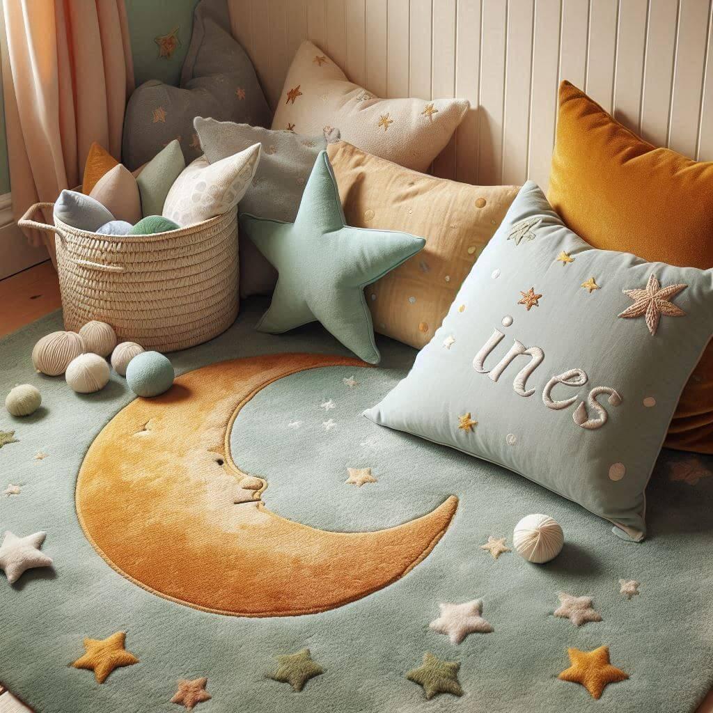 Chambre coin detente tapis de jeu couleurs vert d eau et moutarde coussin personnalise avec le prenom ines