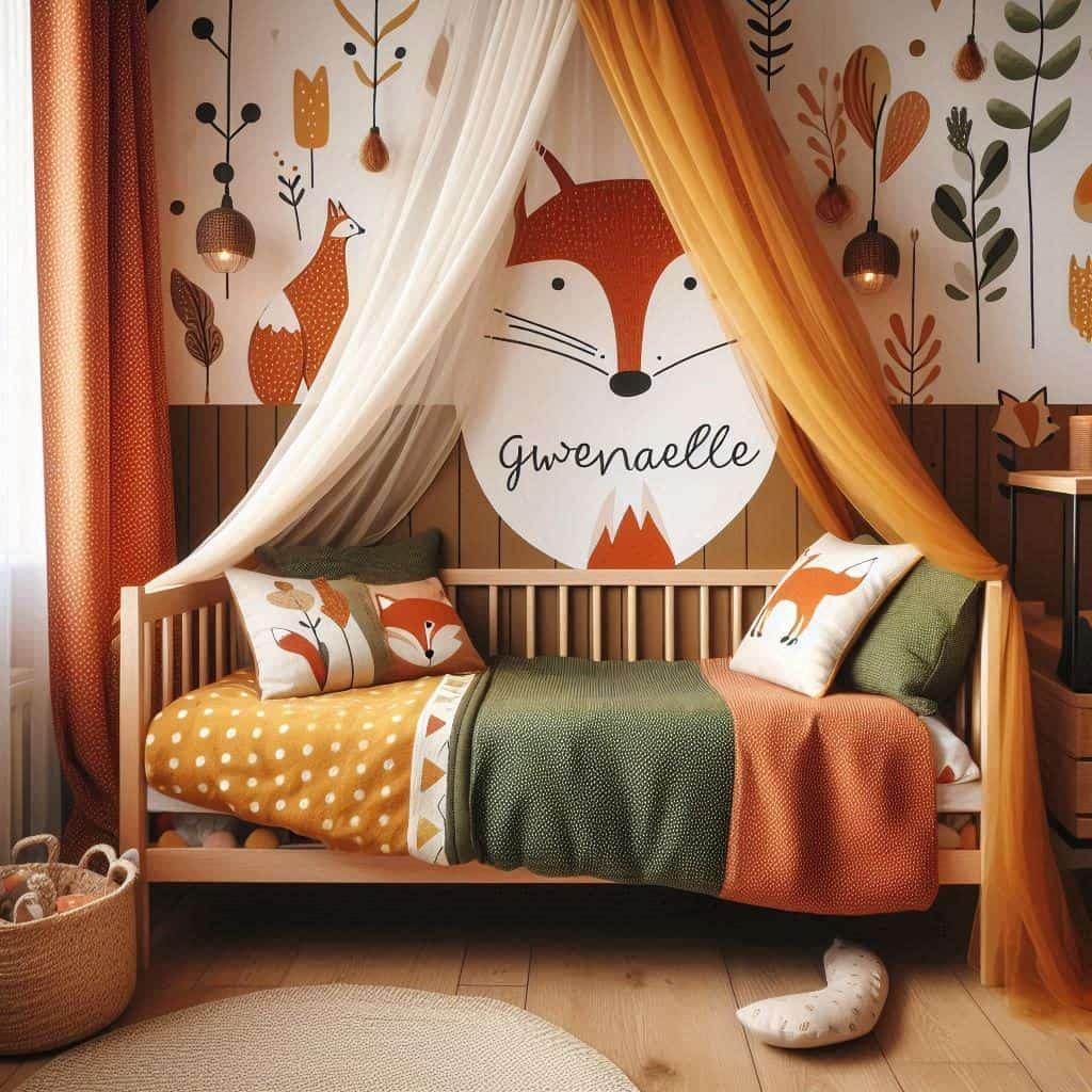 Chambre d enfant decoree sur le theme du renard avec le prenom gwenaelle inscrit sur un coussin papier peint le lit simple est entoure d un ciel de lit aux couleurs orange fonce ja