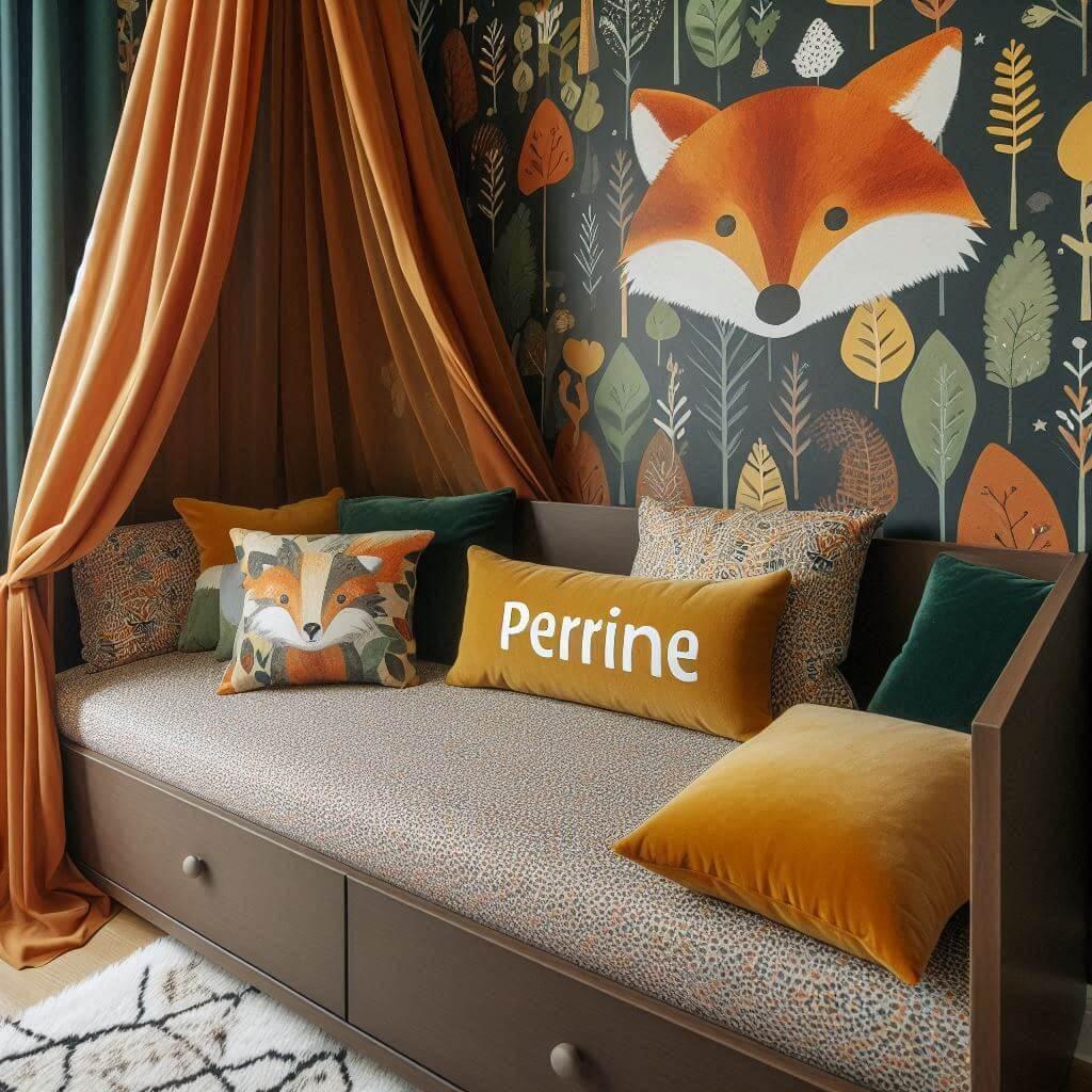 Chambre d enfant decoree sur le theme du renard avec le prenom perrine inscrit sur un coussin papier peint le lit simple est entoure d un ciel de lit aux couleurs orange fonce jaun
