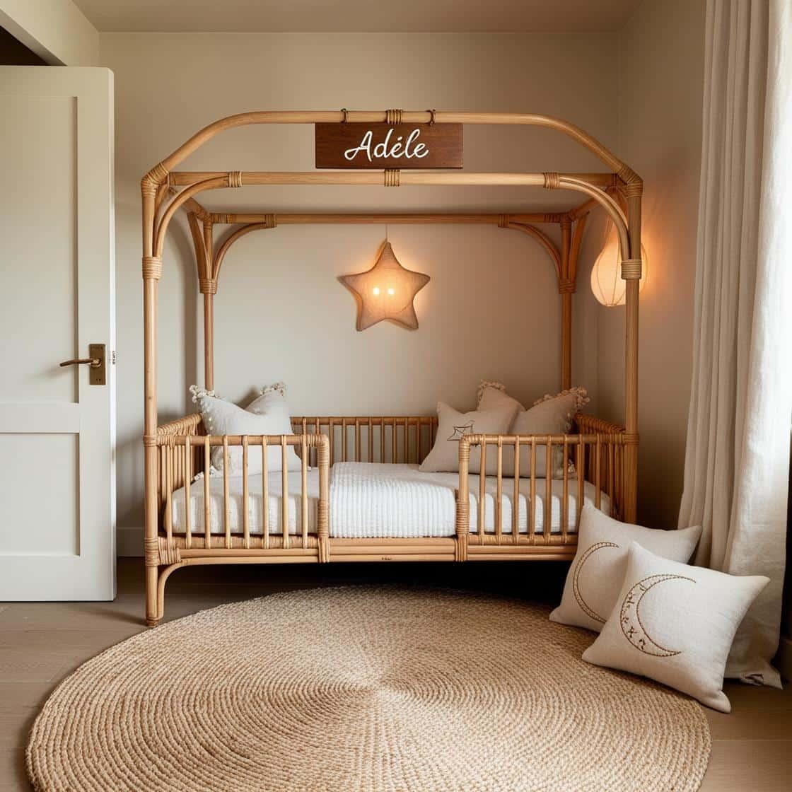 Chambre de petite fille nomme adele ecrit en francais avec lit cabane en rotin tapis en laine moelleuse style boheme chic deco douce et naturelle coussins en lin brode en forme d e