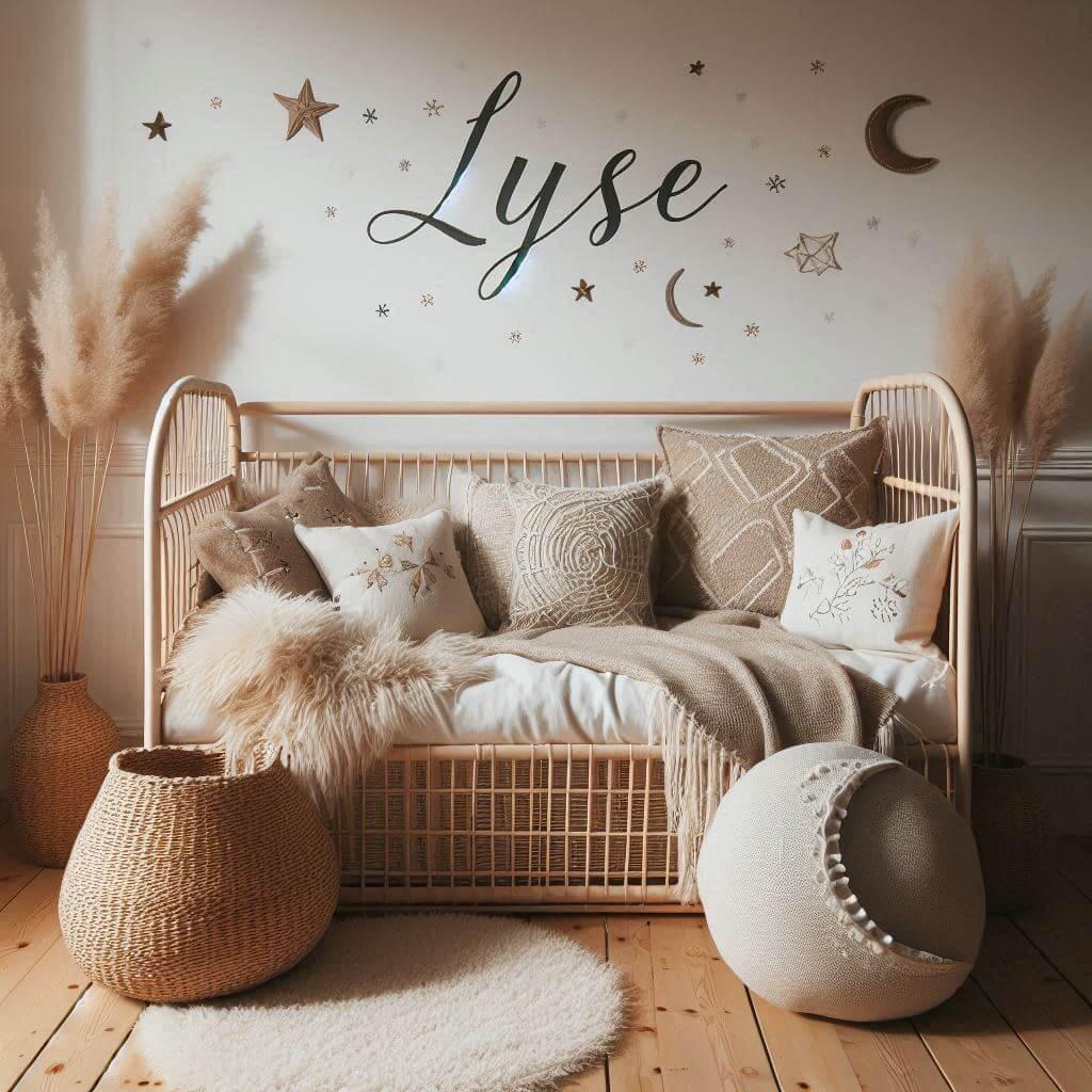 Chambre de petit garcon nomme lyse ecrit en francais avec lit cabane en rotin tapis en laine moelleuse style boheme chic deco douce et naturelle coussins en lin brode en forme d et