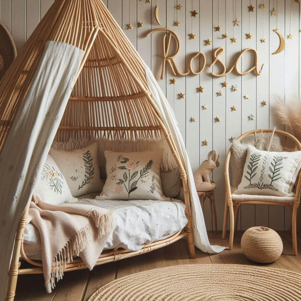 Chambre de petit garcon nomme rosa ecrit en francais avec lit cabane en rotin tapis en laine moelleuse style boheme chic deco douce et naturelle coussins en lin brode en forme d et