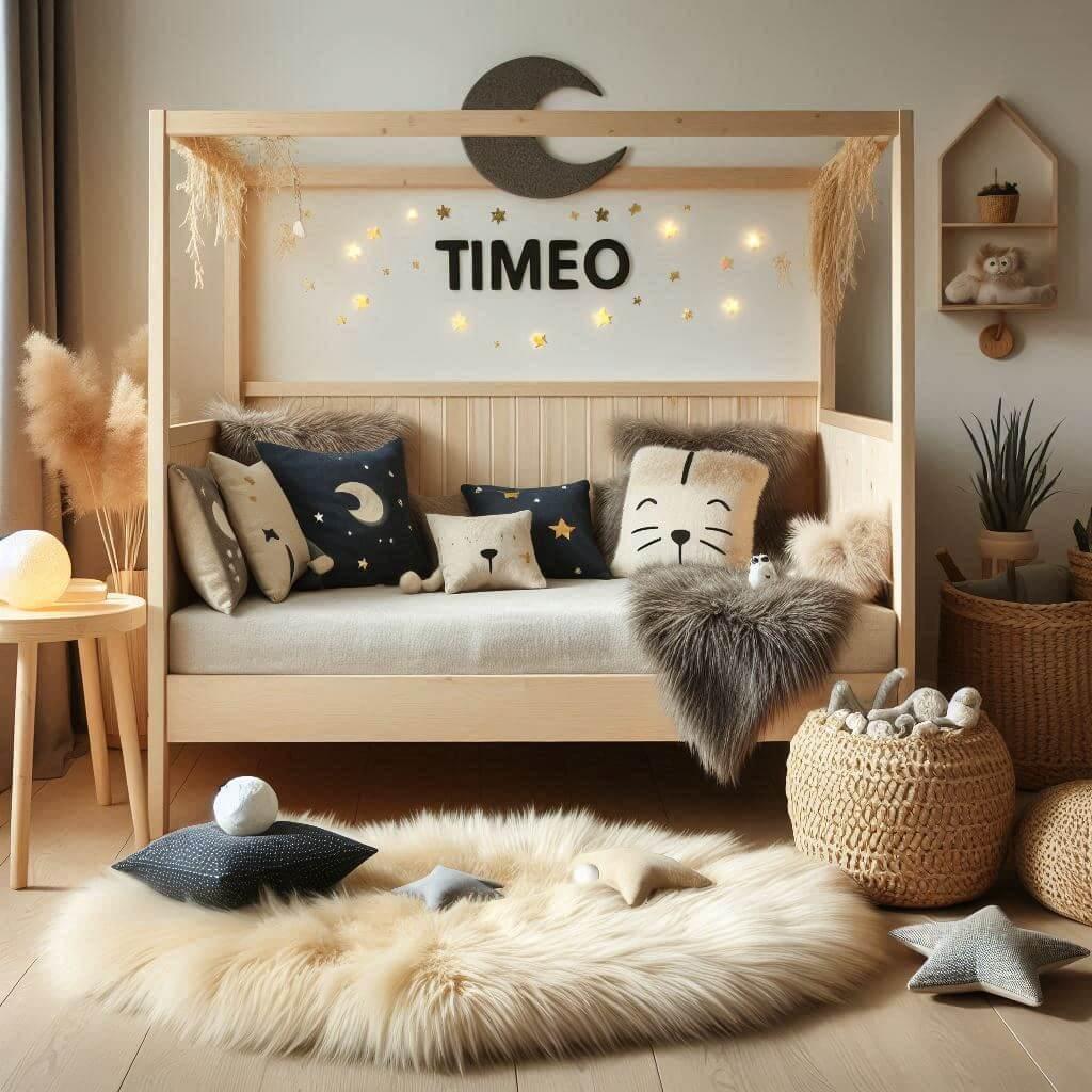 Chambre de petit garcon nomme timeo avec un lit cabane un tapis de fourrure style scandinave des coussins en forme d etoiles et de lune et le prenom timeo brode sur un coussin 1