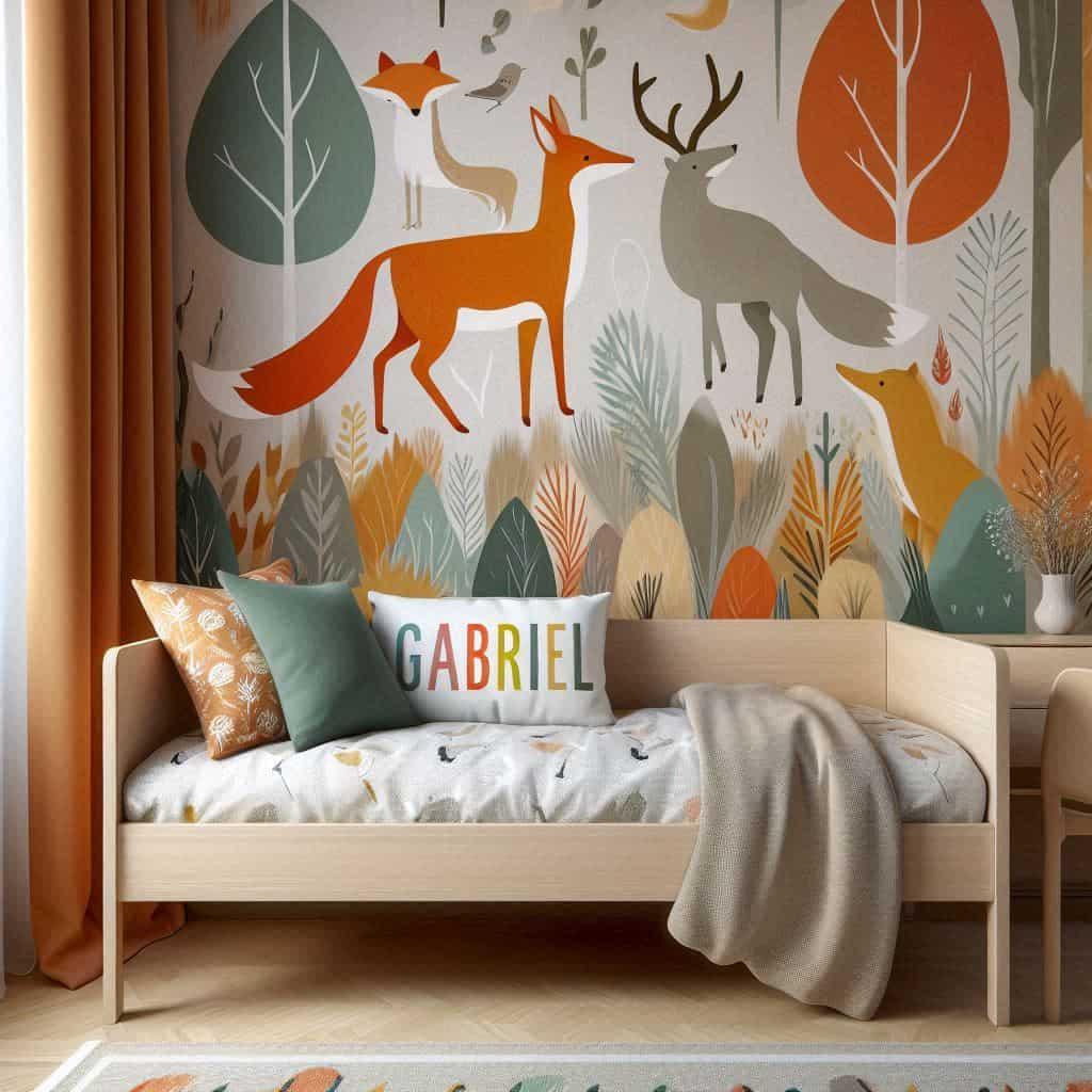 Chambre de petit garcon theme animaux de la foret renard cerf personnalise avec le prenom gabriel
