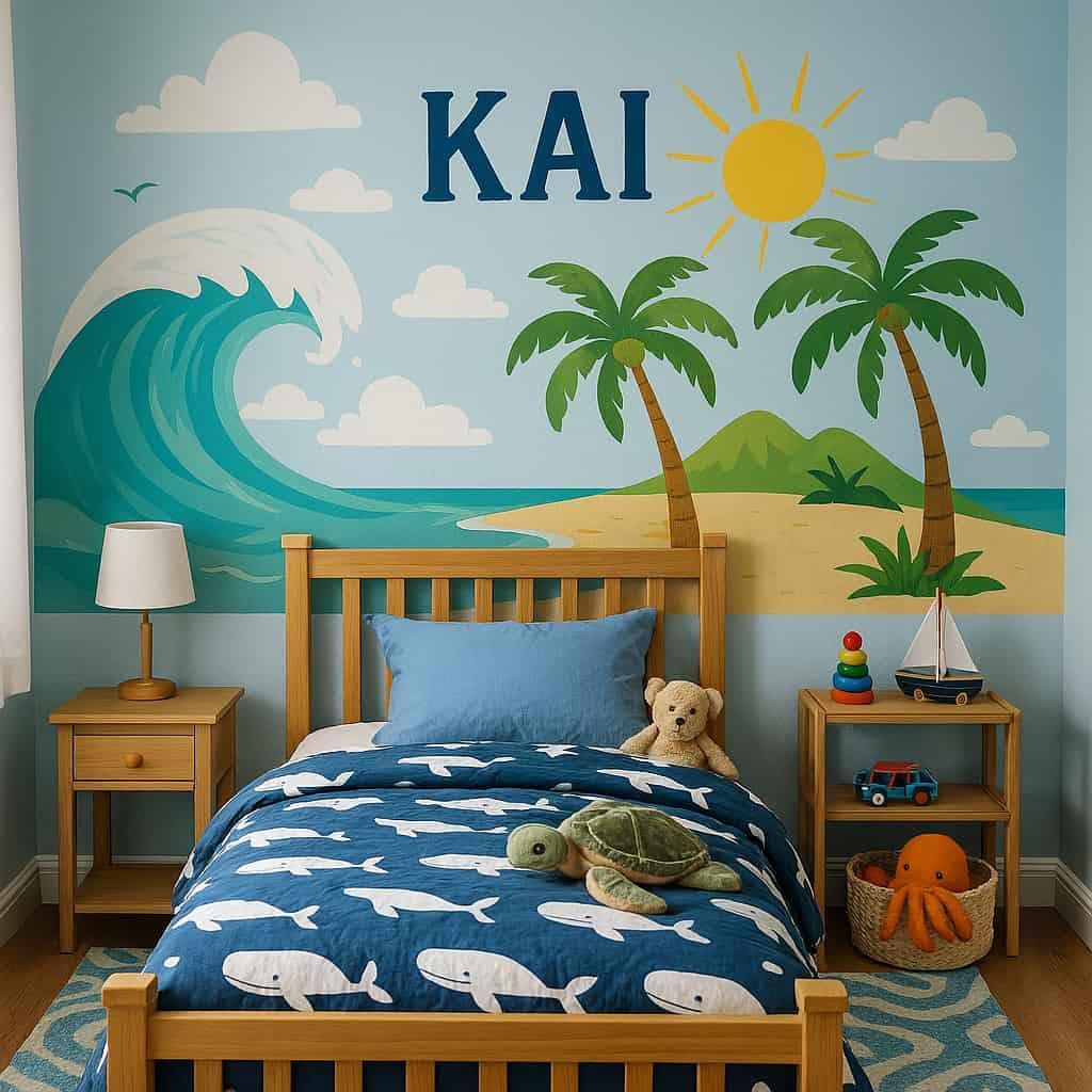 Chambre de petit garcon theme de la mer style hawai personnalisee avec le prenom kai