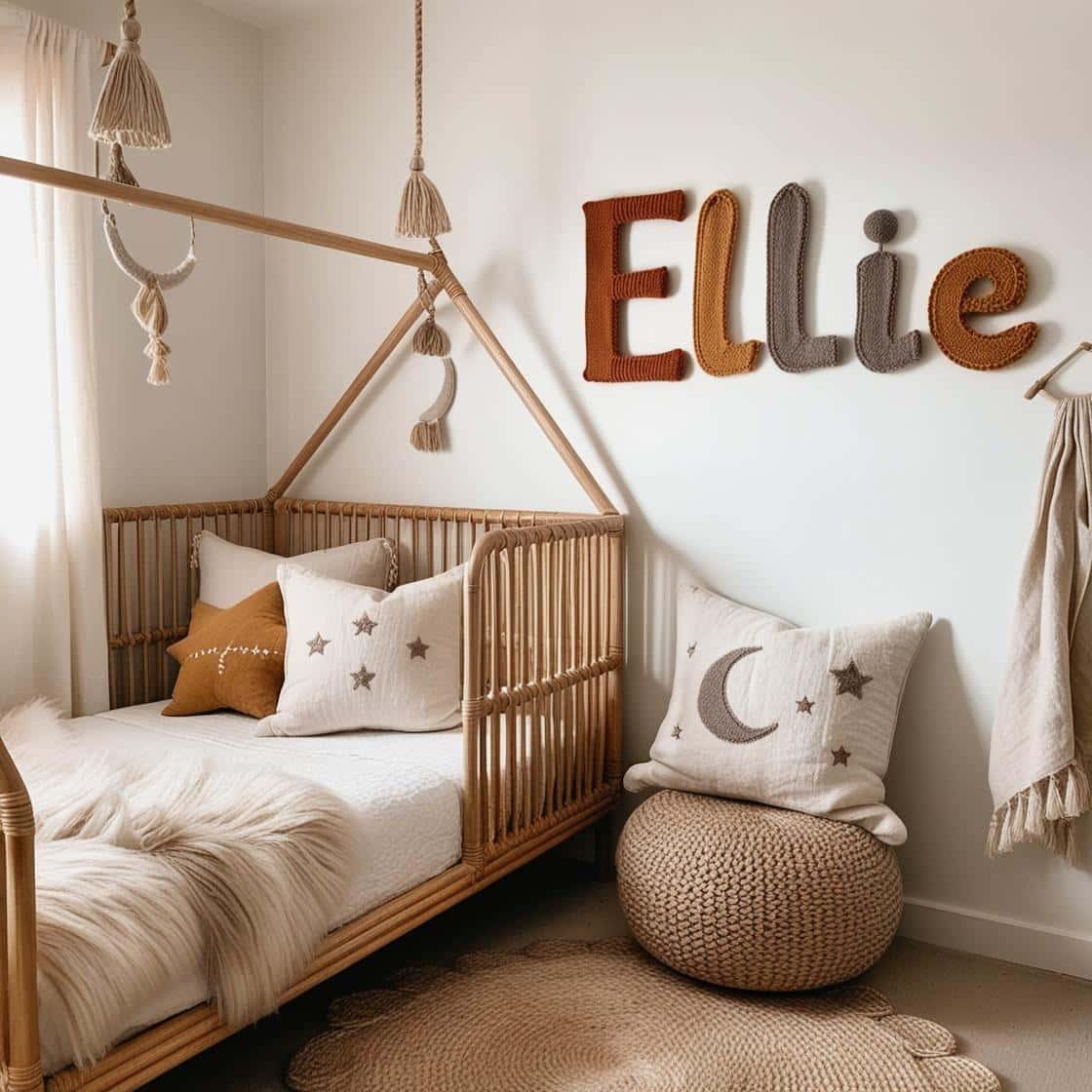 Chambre de petite fille nomme ellie avec lit cabane en rotin tapis en laine moelleuse style boheme chic deco douce et naturelle coussins en lin brode en forme d etoiles et de lune