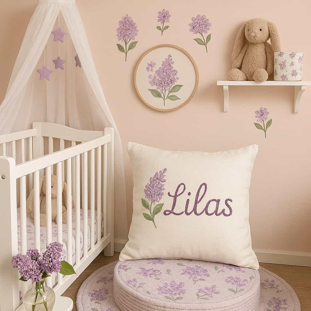 Chambre de petite fille selon la signification de son prenom lilas couleurs blanc et violet lit berceau blanc