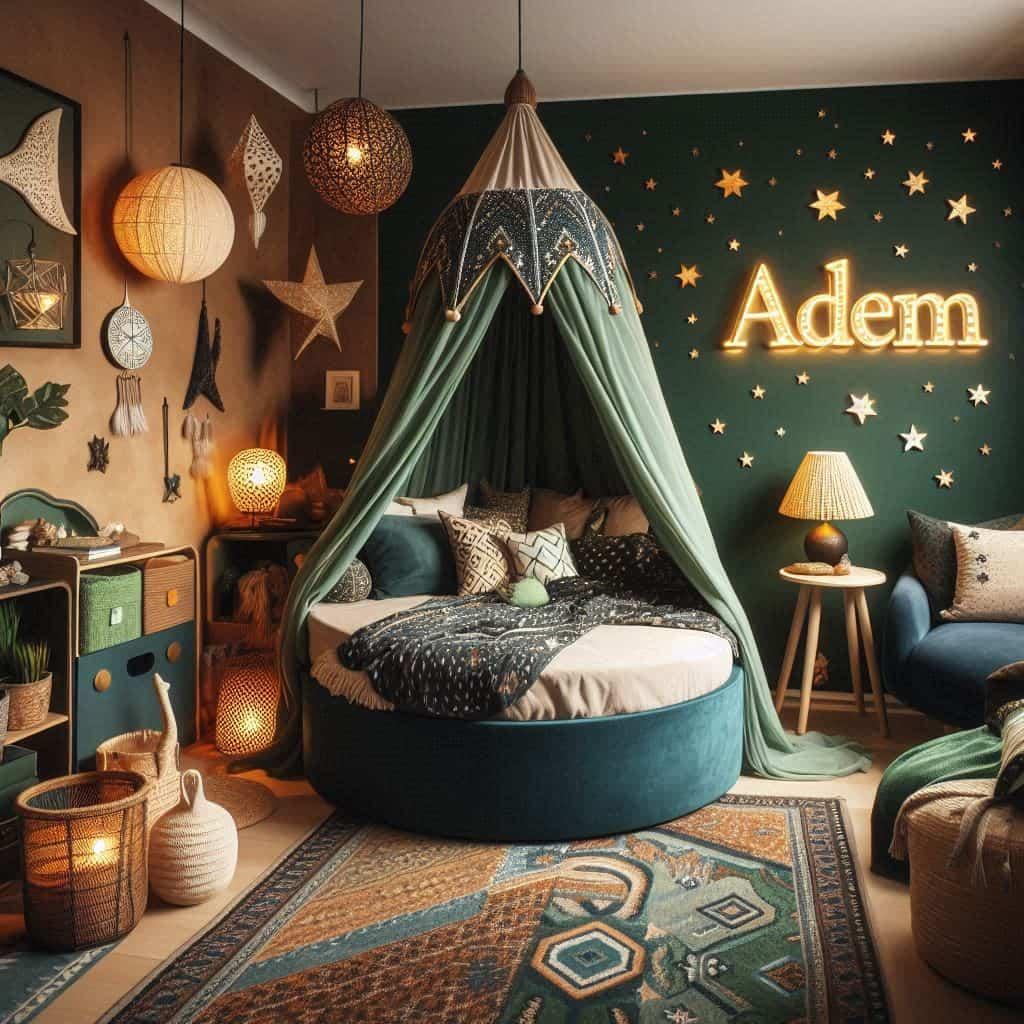 Chambre decoration orientale personnalisee avec le nom adem couleurs vert fonce et dore