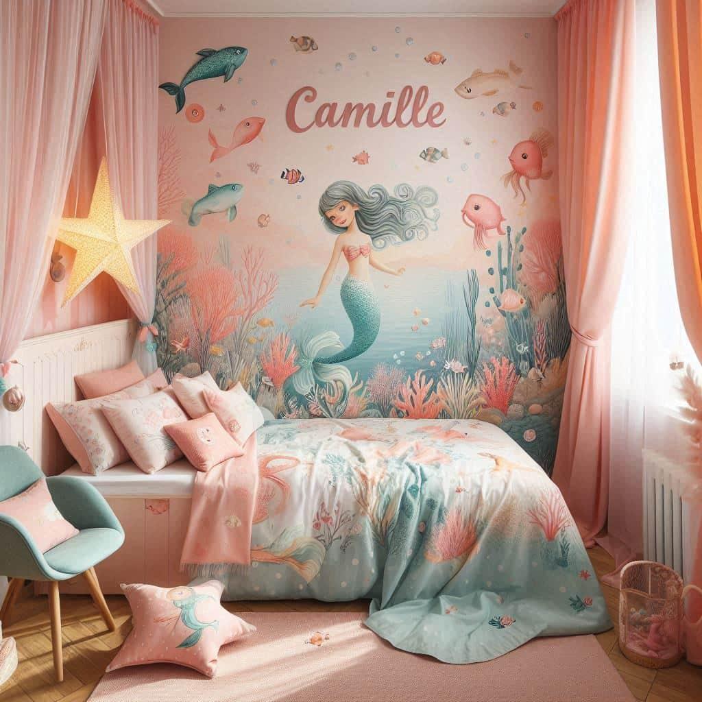 Chambre decoration theme sirene pour petite fille personnalisee avec le prenom camille