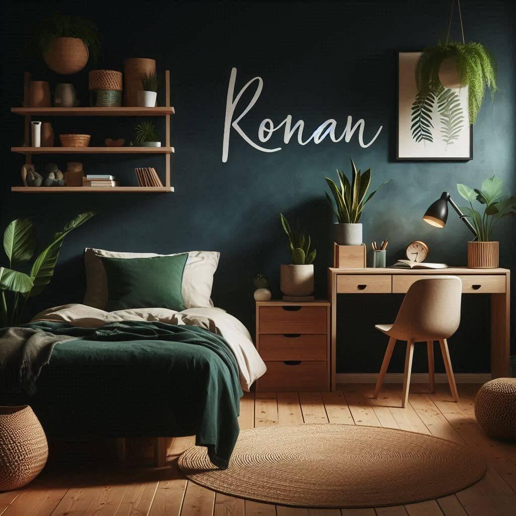 Chambre enfant les murs sont peints en bleu nuit et vert foret, prenom ronan