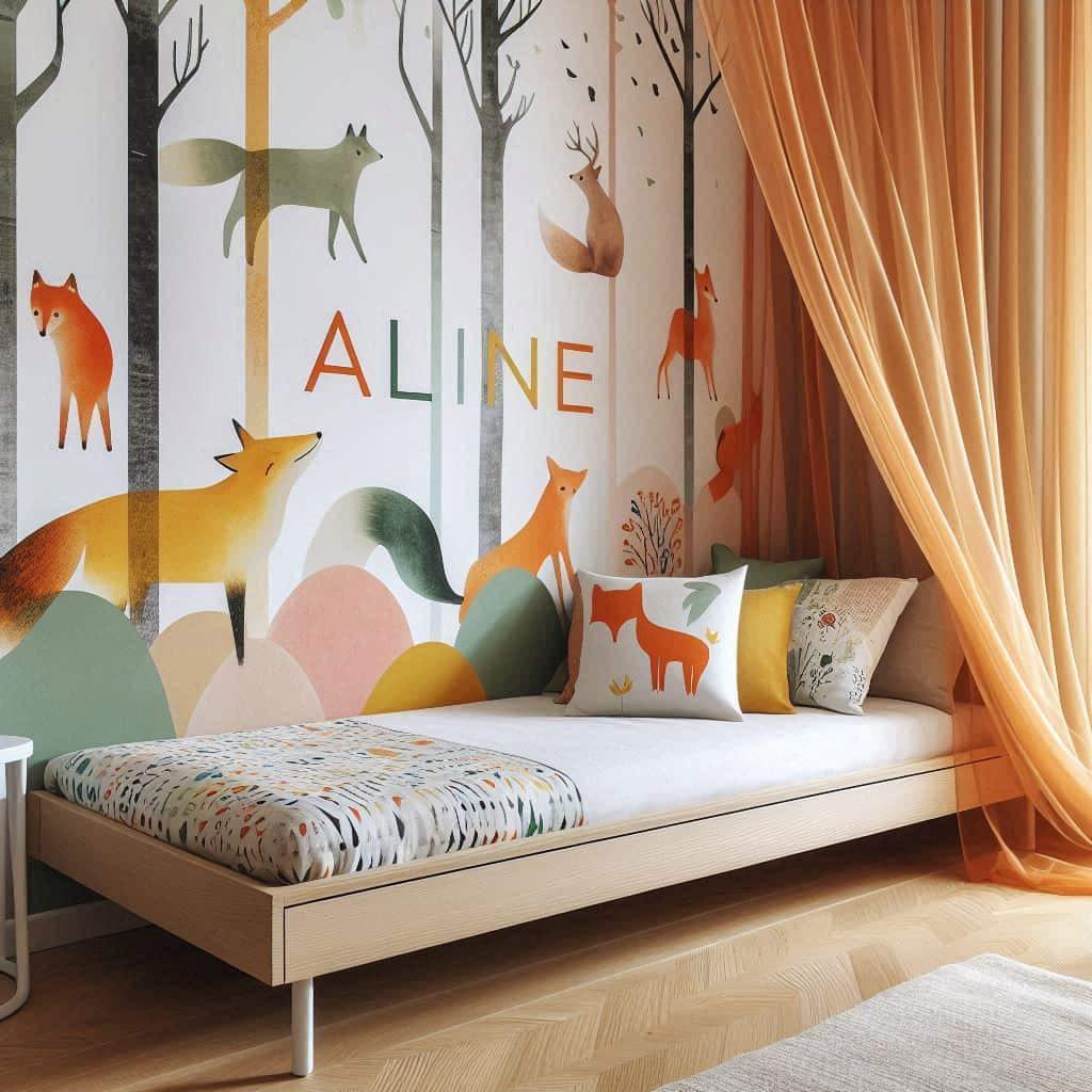 Chambre enfant lit simple theme animaux de la foret colore personnalise avec le prenom aline