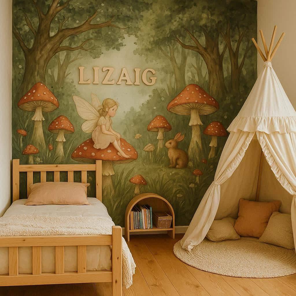 Chambre enfant personnalisee heol lit simple enchantee en bois brut mur foret feerique avec champignons creatures magiques coin lecture sous tipi a froufrou lizaig