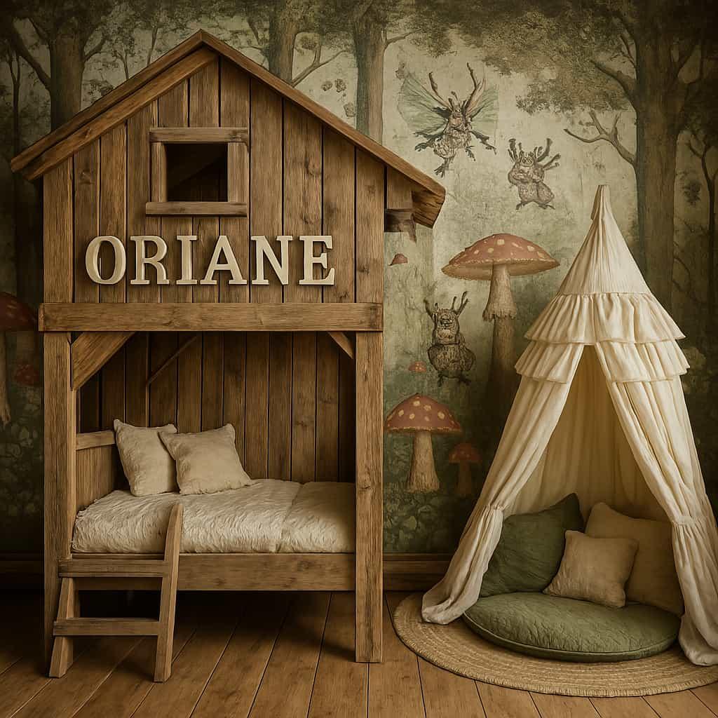 Chambre enfant personnalisee oriane cabane enchantee en bois brut mur foret feerique avec champignons