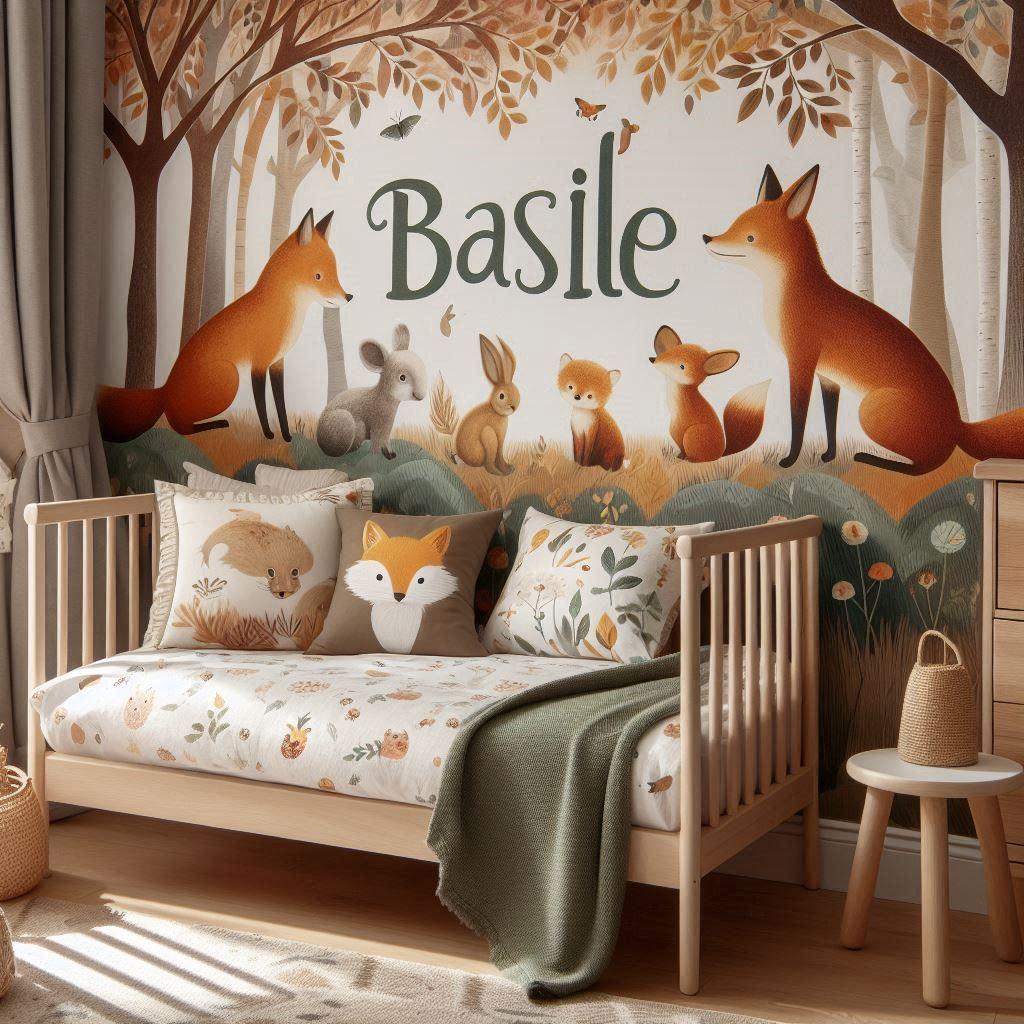 Chambre enfant theme animaux de la foret personnalise avec le prenom basile