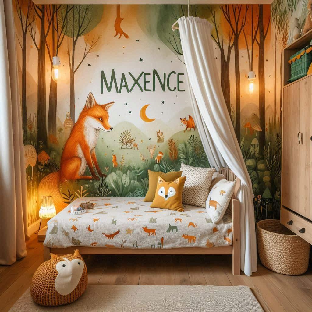 Chambre enfant theme animaux de la foret personnalise avec le prenom maxence