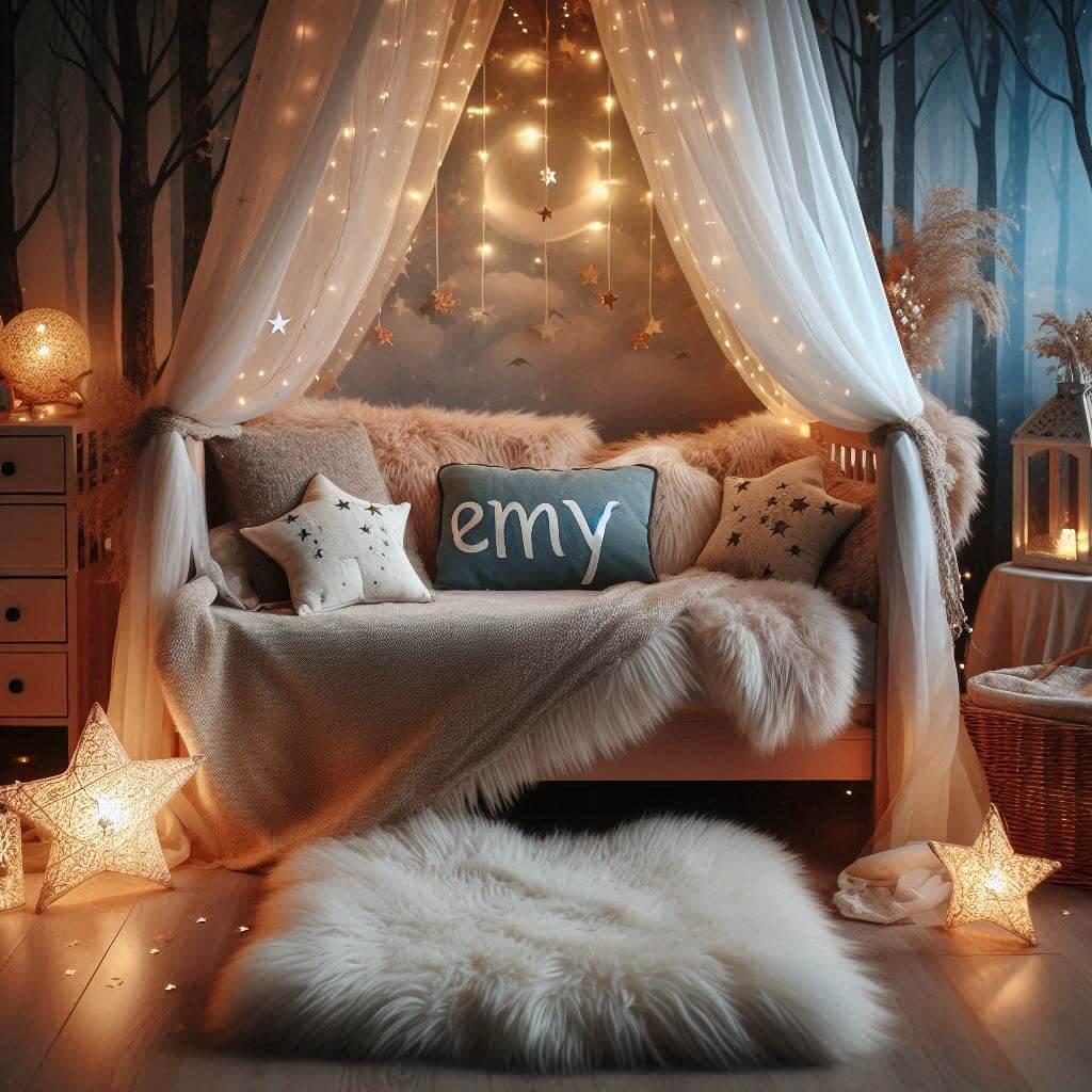 Chambre enfant theme foret avec lit simple avec tapis fourure et des coussins etoiles prenom emy ecrit sur le coussin guirlande lumineuse vue de zoom 3 1
