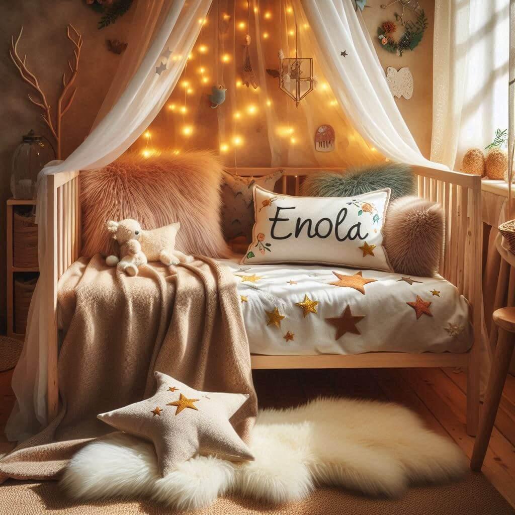 Chambre enfant theme foret avec lit simple avec tapis fourure et des coussins etoiles prenom enola ecrit sur le coussin guirlande lumineuse