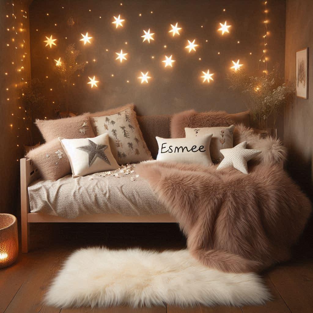 Chambre enfant theme foret avec lit simple avec tapis fourure et des coussins etoiles prenom esmee ecrit sur le coussin guirlande lumineuse