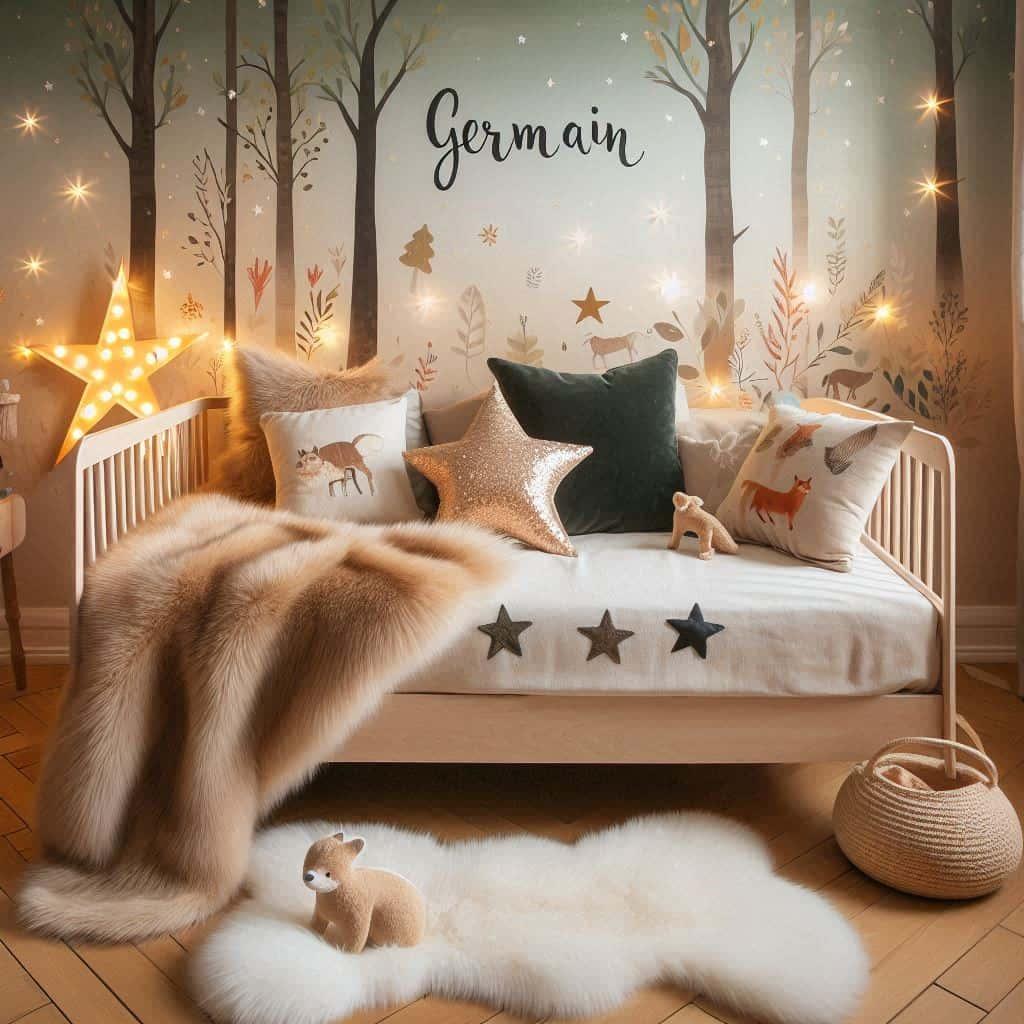 Chambre enfant theme foret avec lit simple avec tapis fourure et des coussins etoiles prenom germain ecrit sur le coussin guirlande lumineuse