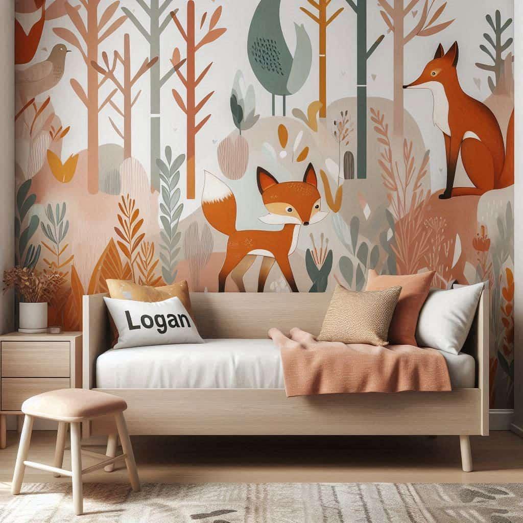Chambre enfant theme renard personnalise avec le prenom logan tapisserie foret renard