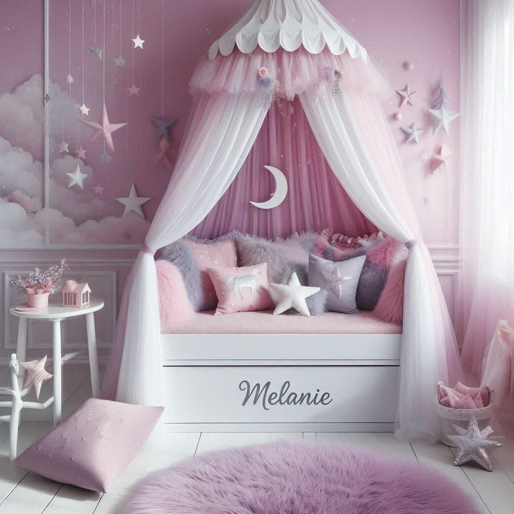 Chambre feerique personnalisee avec le prenom melanie decoration de princesse lit canape avec ciel de lit couleur rose pastel blanc lavande
