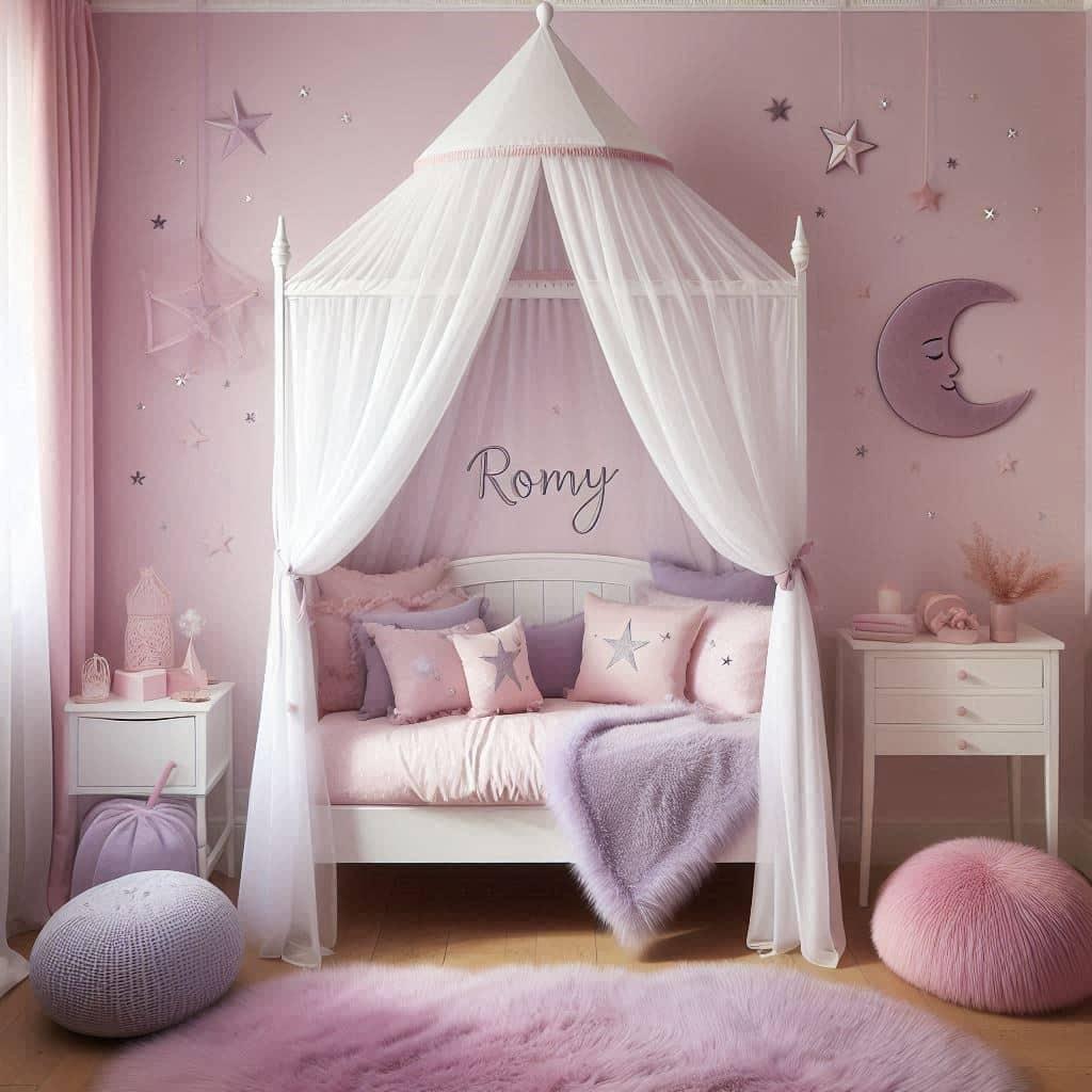 Chambre feerique personnalisee avec le prenom romy couleur lavande rose violet