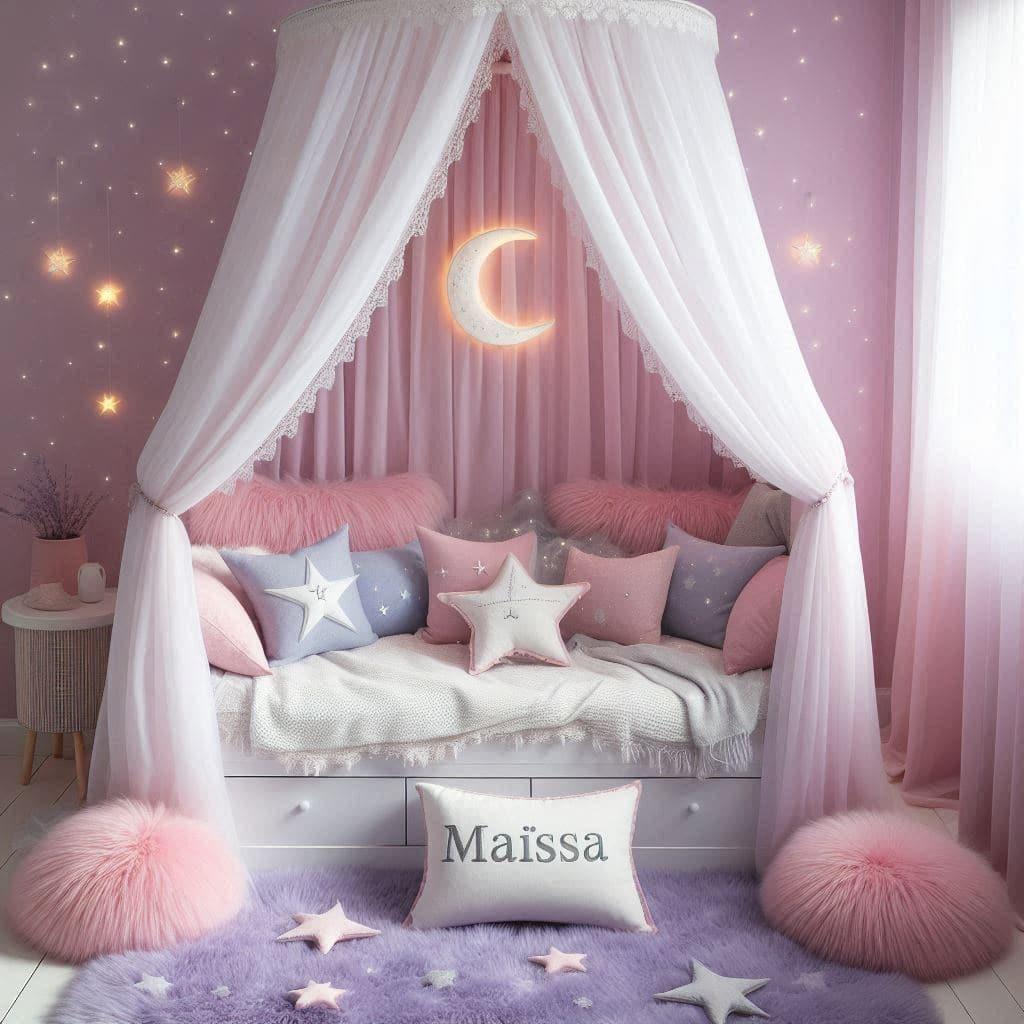 Chambre maissa avec lit cabane blanc ciel de lit rose poudre tapis en fausse fourrure lilas coussins etoiles et lune en rose pastel bleu ciel et lavande