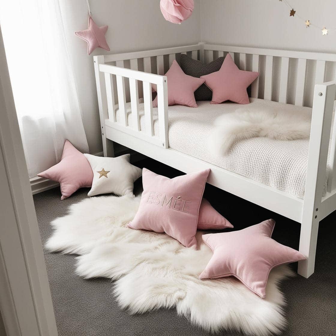 Chambre montessori pour fille couleur rose pale et blanc personnalise avec le prenom esmee