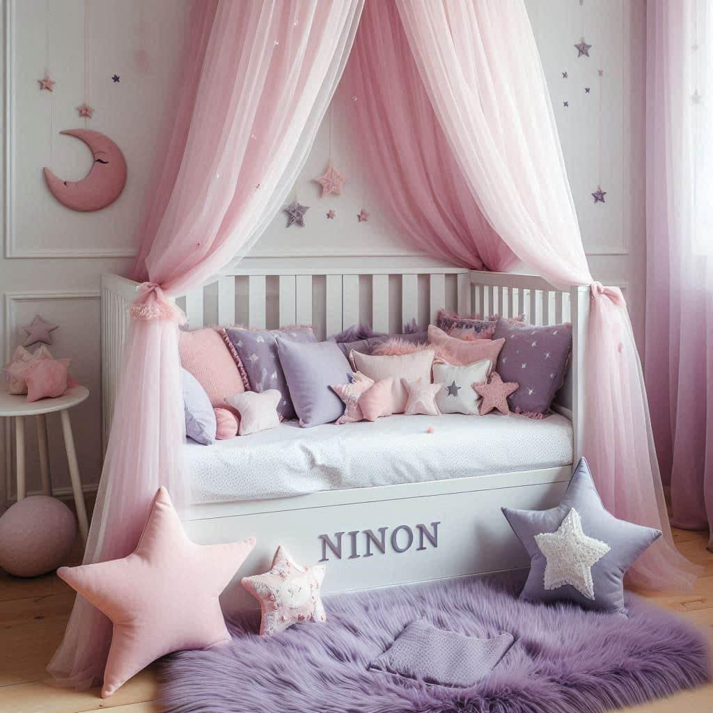 Chambre ninon avec lit cabane blanc ciel de lit rose poudre tapis en fausse fourrure lilas