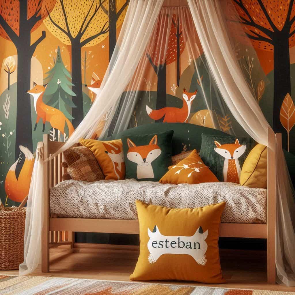 Chambre prenom esteban style animaux de la foret avec lit simple et ciel de lit tapisserie animaux