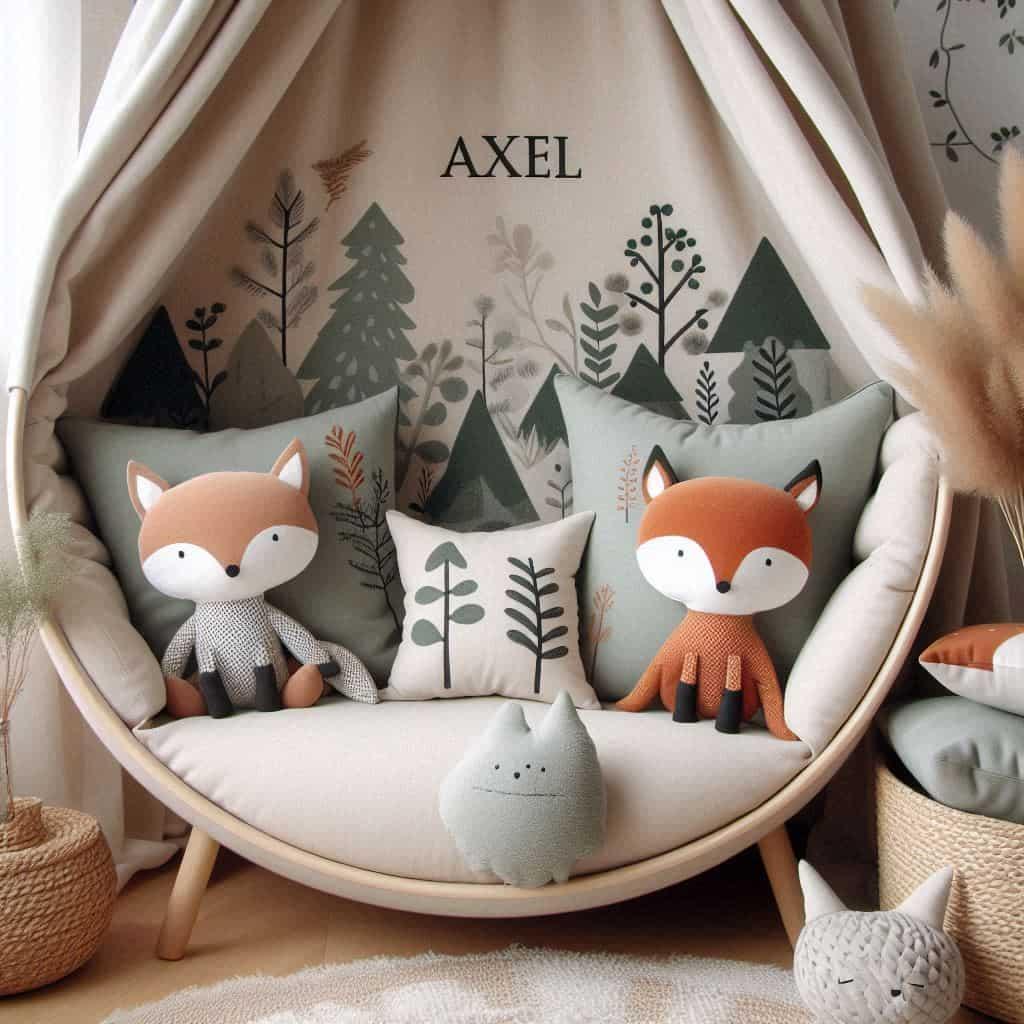 Chambre representant un coin de detente et de lecture pour enfant theme renard et animaux de la foret personnalise avec le prenom axel