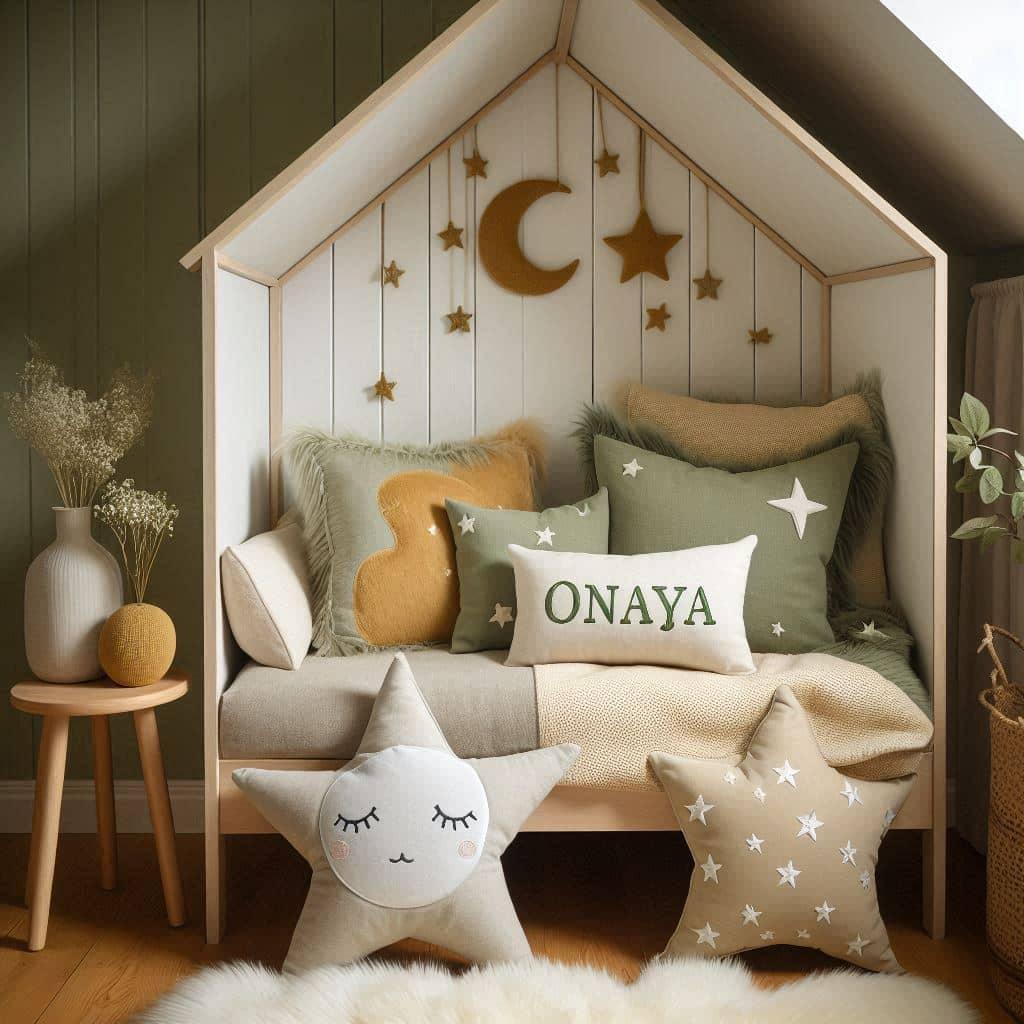 Chambre scandinave lit cabane couleurs vert d eau beige mouttarde prenom onaya