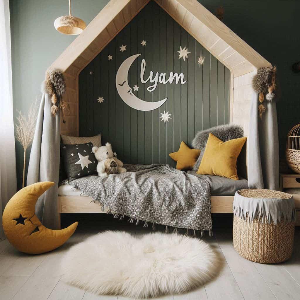 Chambre scandinave lit cabane personnalise avec le prenom lyam couleurs moutarde vert fonce et beige