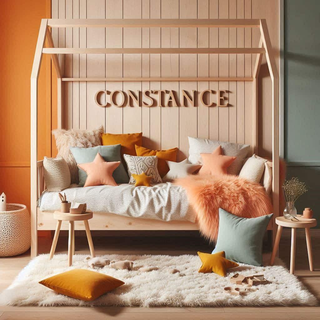 Chambre tendance 2025 pour une petite fille couleur corail et vert d eau avec le prenom constance