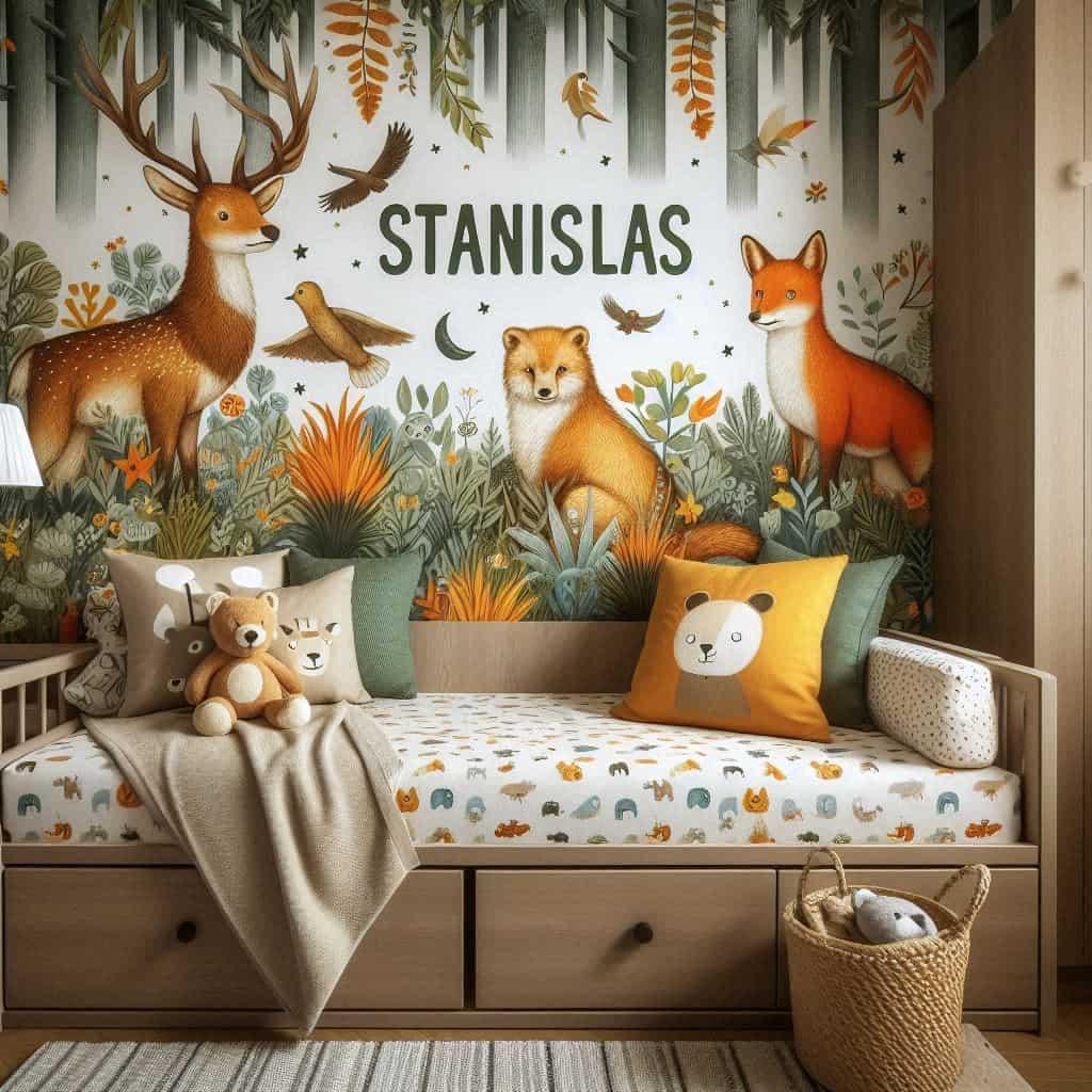 Chambre theme foret des animaux personnalise avec le prenom stanislas