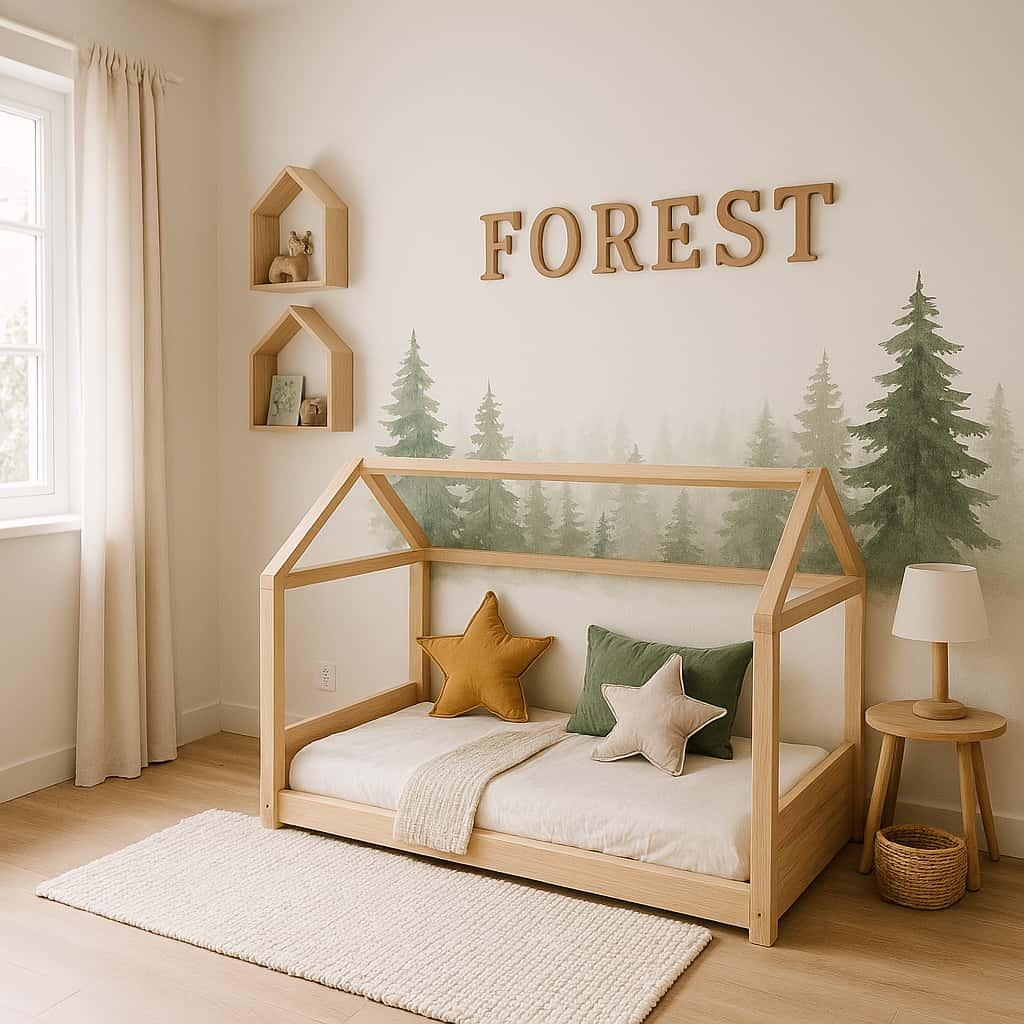 Chambre tons realistes pour un petit garcon qui s appelle forest par rapport a son prenom coussins en forme etoile lit montessori