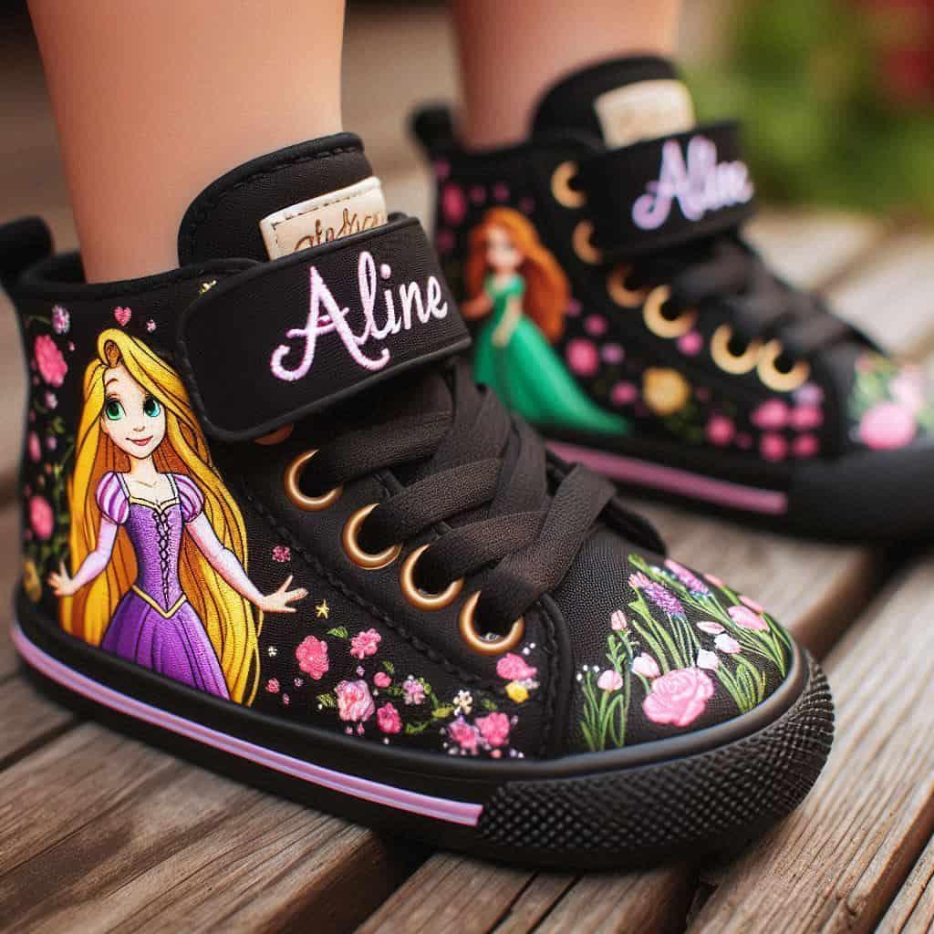 Chaussures personnalisees pour tout petit fille avec le prenom aline theme raiponce