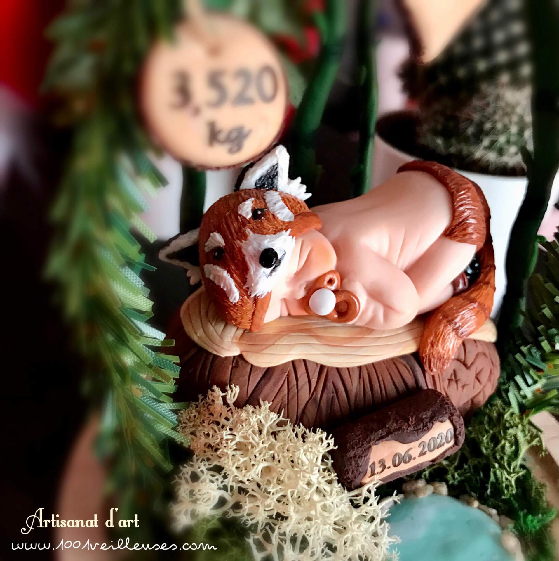 Dome en verre lumineux bebe panda roux jardin miniature cadeau bébé naissance